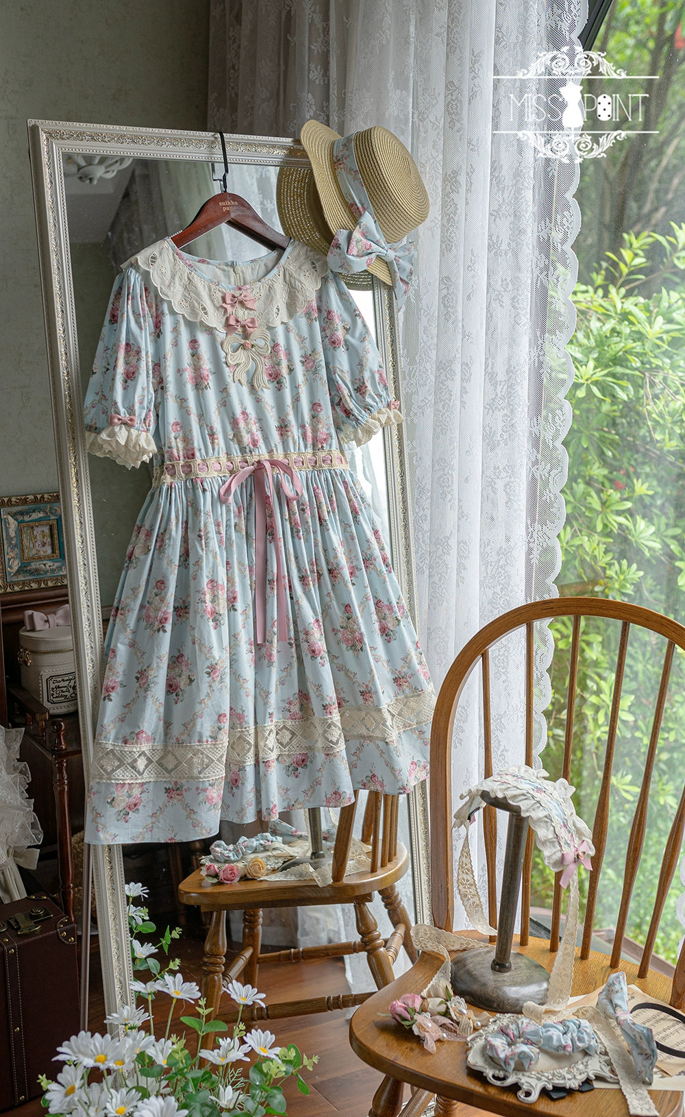 Miss Point~Customized Elegant Lolita OP Dress Cute Daily Girl Short Lolita Dress XS Blue flower wall - short style 