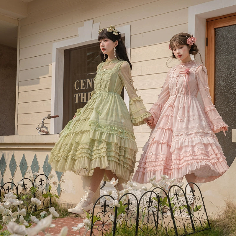 Flower and Pearl Box~Wild Flowers and Fragrant Grass~Country Lolita Dress Floral Print JSK and OP Dress Set