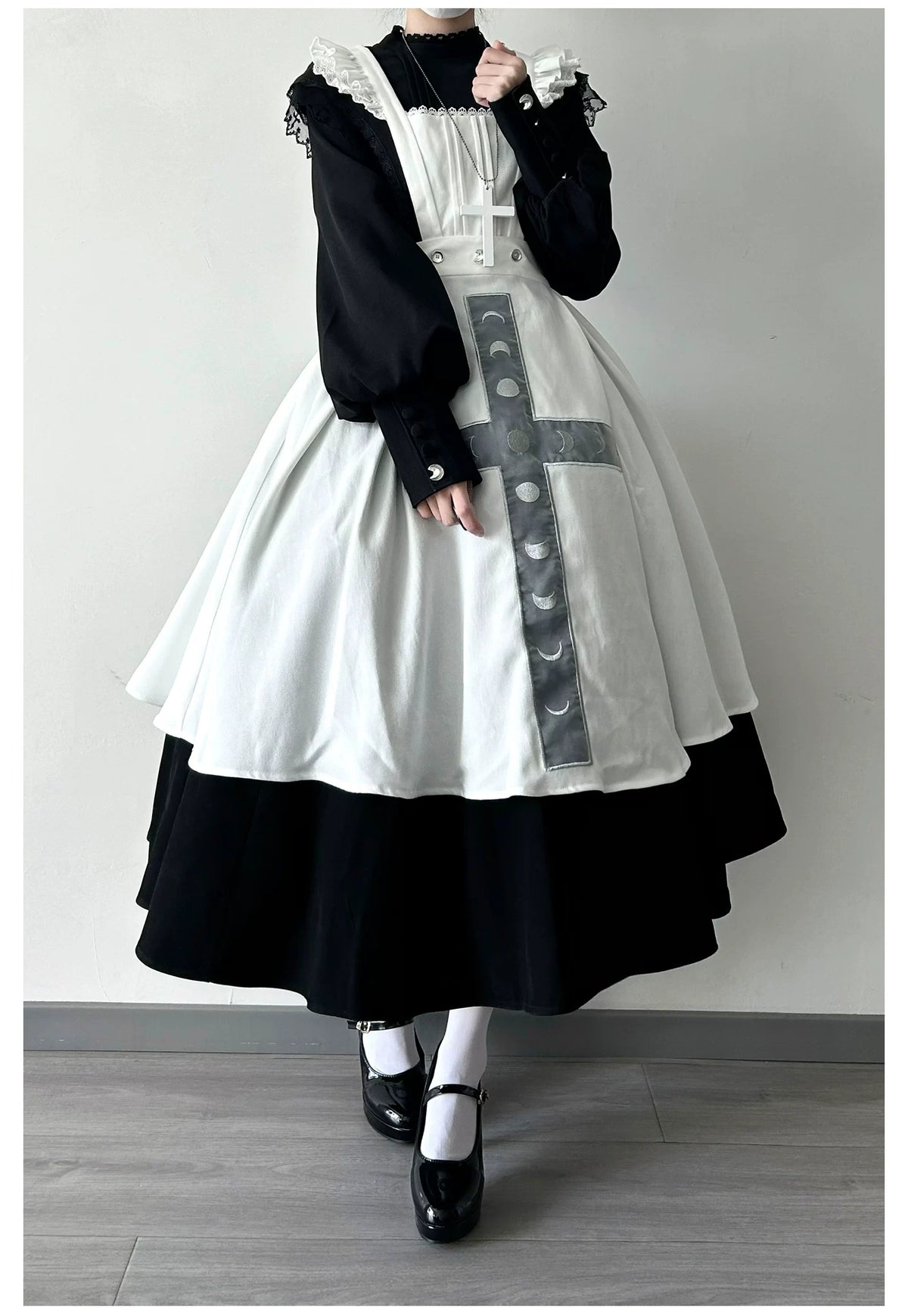 Moon Phase - Gothic Lolita OP Dress Set, Detachable Cross-Shaped Apron 46035:873384