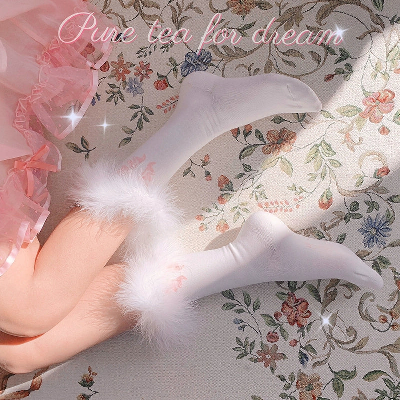 White Tea Dream~Cotton Lolita Calf Socks Knit Pink Bow Turkey Feather Socks   