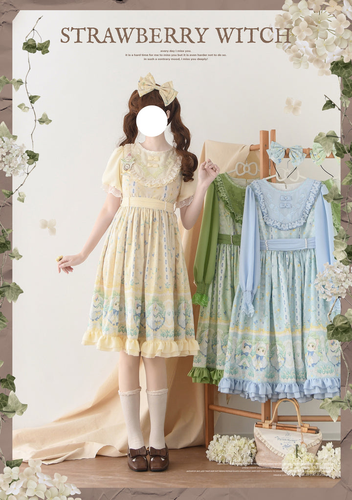 Strawberry Witch~Lily of the Valley Kitten~Country Lolita OP with Embroidery and Cat Print 42299:743223