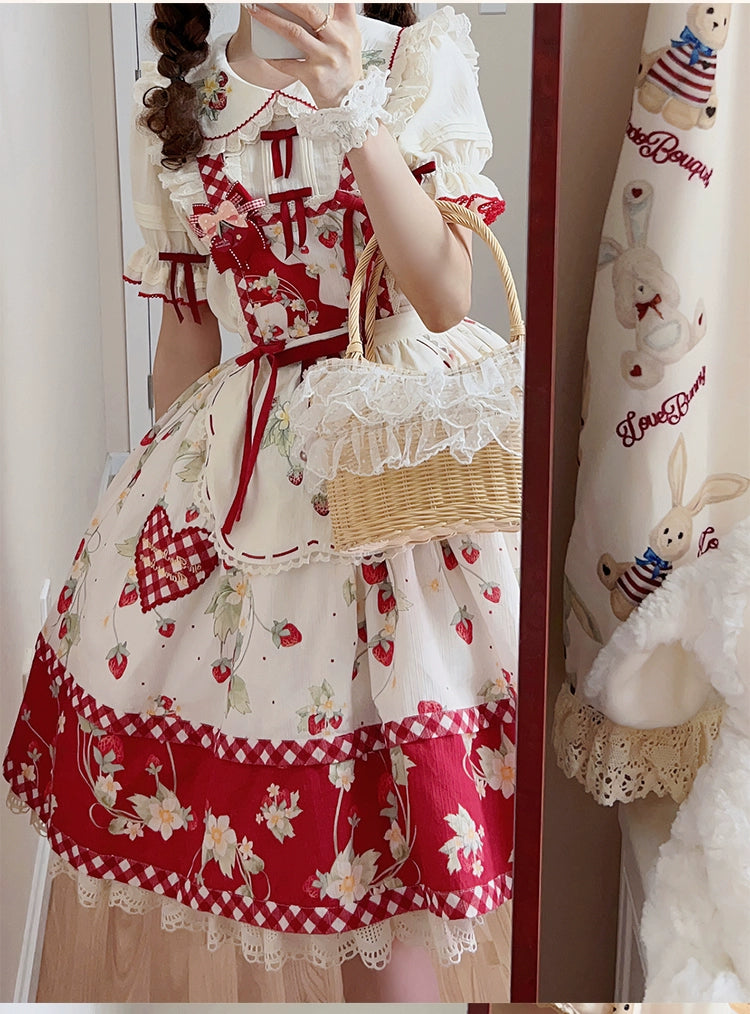 Piggy Bun - Sweet Lolita Shirt Strawberry Embroidery Ivory Blouse