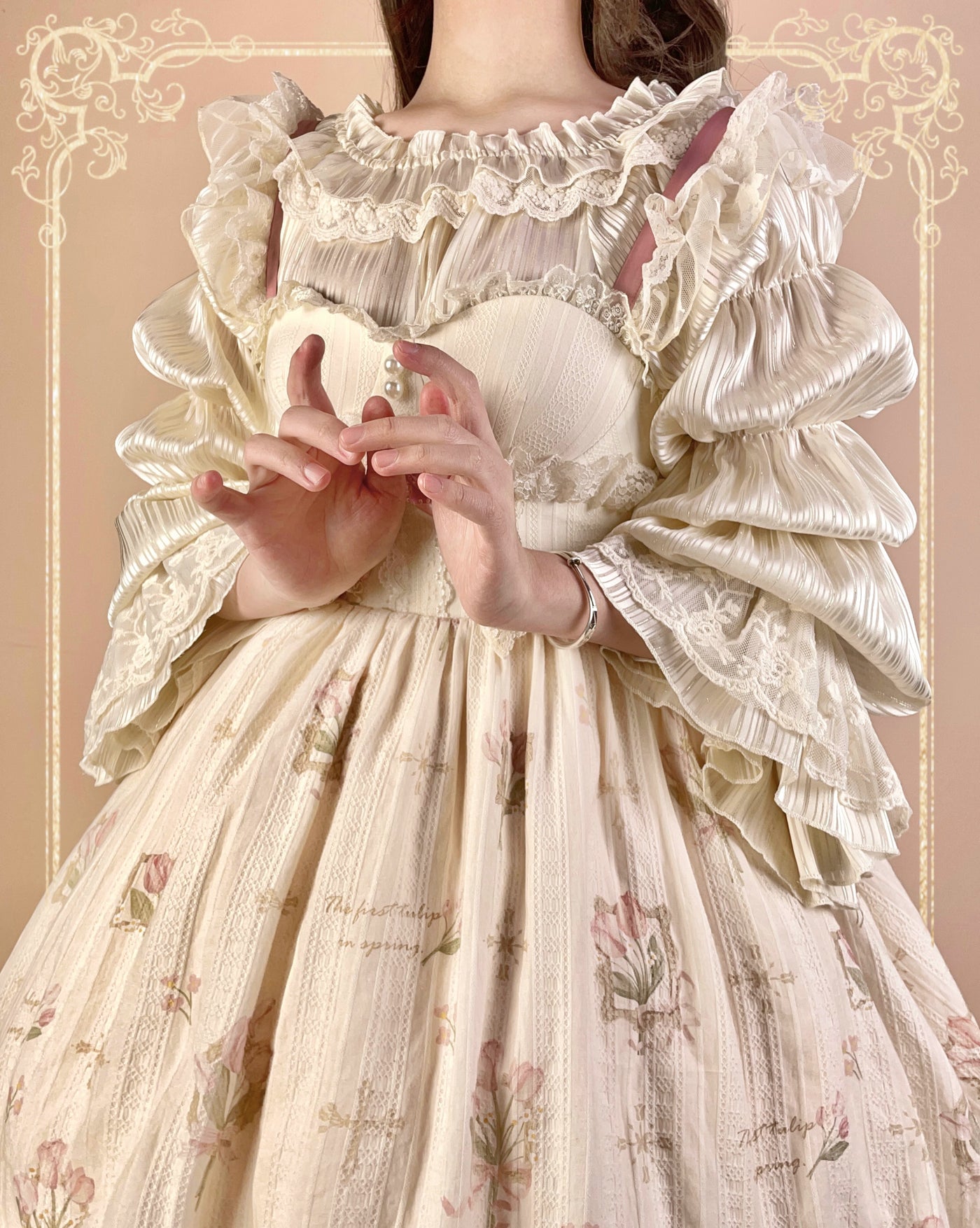 Airfreeing~Wendy~Elegant Lolita Blouse Chiffon Off-Shoulder Virago Sleeve Blouse M beige 