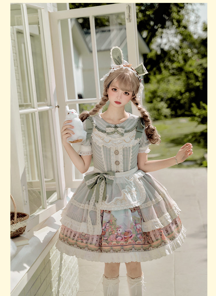 Honey Machine~Sunflower Rabbit~Kawaii Lolita OP Set with Bunny Prints and Hairband