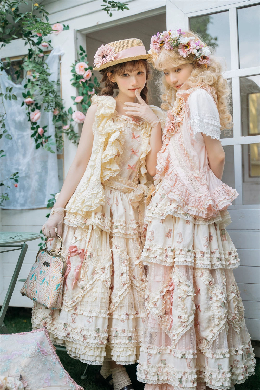 MONO GIRL~Rottengburg Bear~Sweet Lolita JSK Print Hollow-out Ruffles Dress 40730:674856