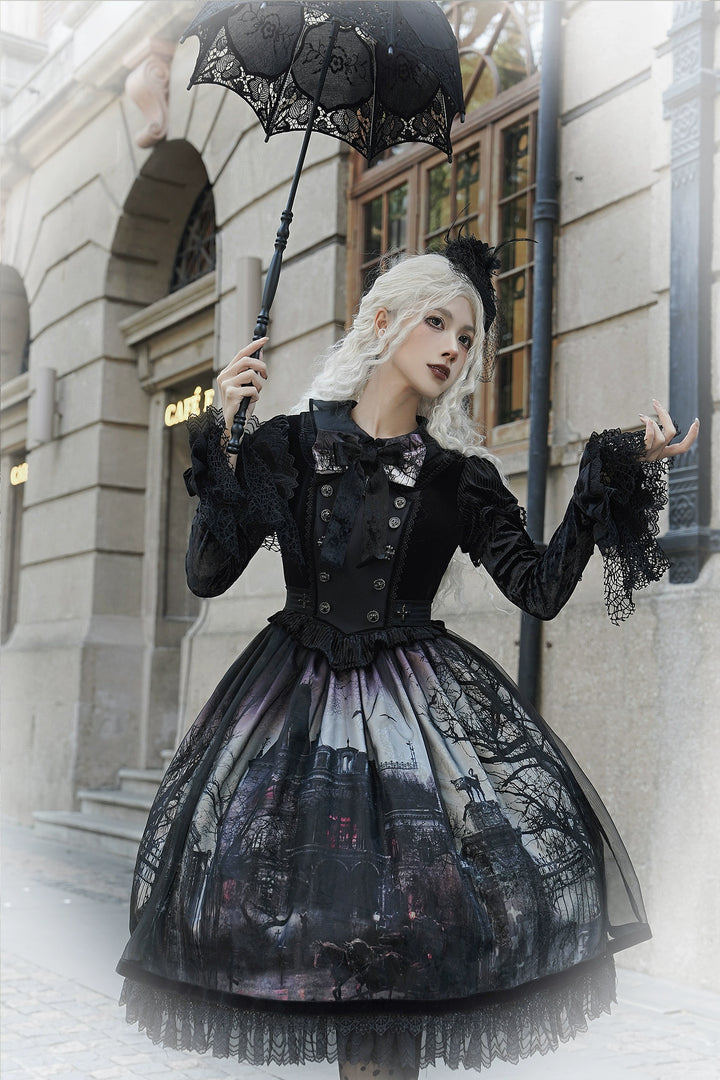 LilithHouse~Horror House~Gothic Lolita OP Set with Cape and Castle Print