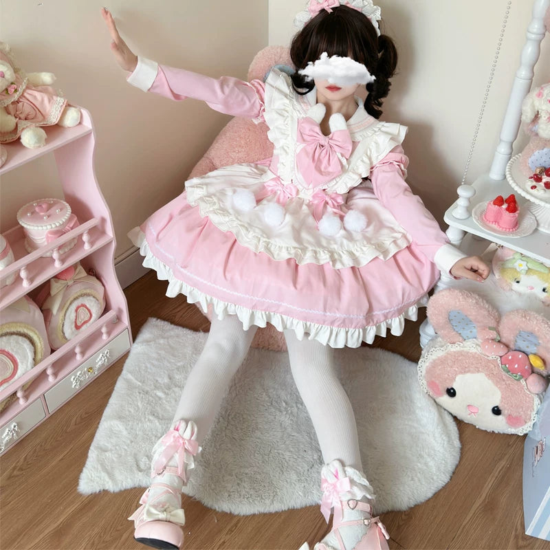 Sweet Bunny Pom-pom - Maid Lolita Bunny Ear Collar OP Dress, Detachable Apron