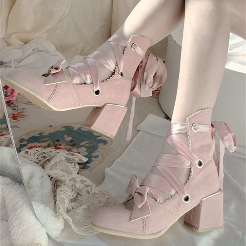 (BFM)MR.Qiutian~Muse Kiss~Elegant Lolita Shoes Lace-up Bow Heels Round Toe (35 36 37 38 39 40) 33144:405816
