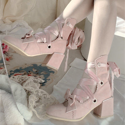 (BFM)MR Qiuti~Muse Kiss~Elegant Lolita Shoes Lace-up Bow Heels Round Toe 35 Cocoa Pink-6cm Heel Hight 