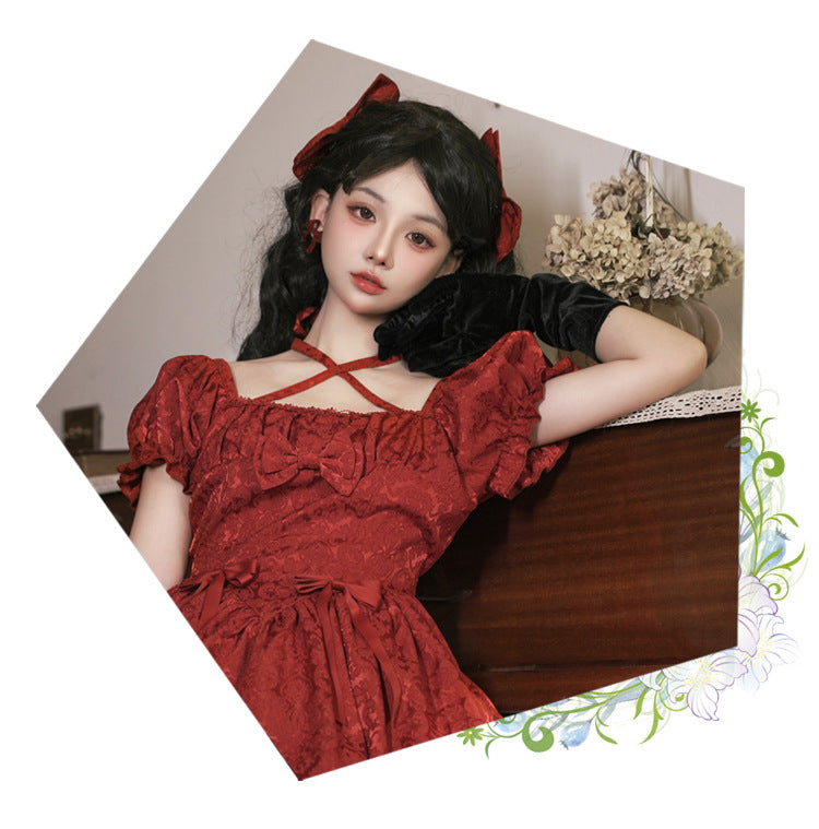 Eieyom~Elegant Lolita Short Sleeve Red Dress   