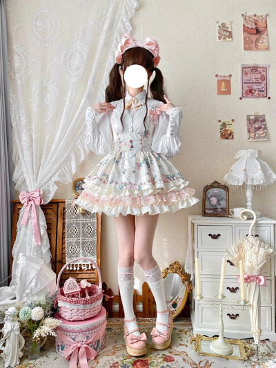 Qianmu~Rose Cream~Sweet Lolita Dress Fishbone Tiered Bust-supporting Dress   