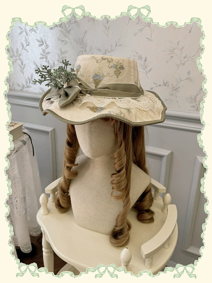 Alice Girl~Muscari Botryoides~Elegent Lolita Hat Side Clip Grape Print Headdress Yellow-green hat Free size 