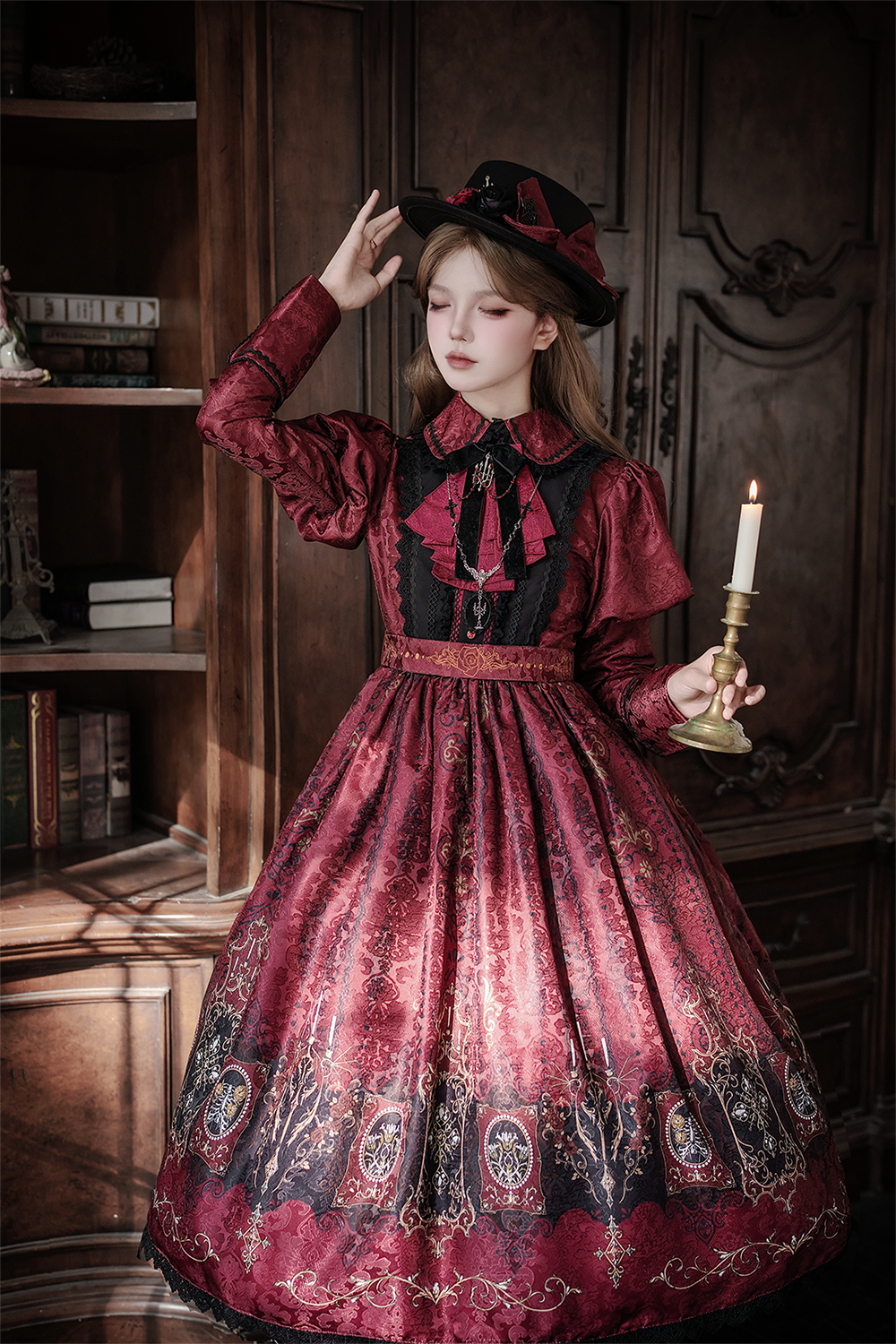 Blood Night Lantern - Jacquard Gothic Lolita Dress, Juliet Sleeve 44543:812286