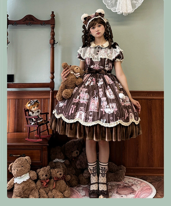 Alice Girl~Bear Doll Wall~Sweet Lolita OP Lovely Bear Print Dress   