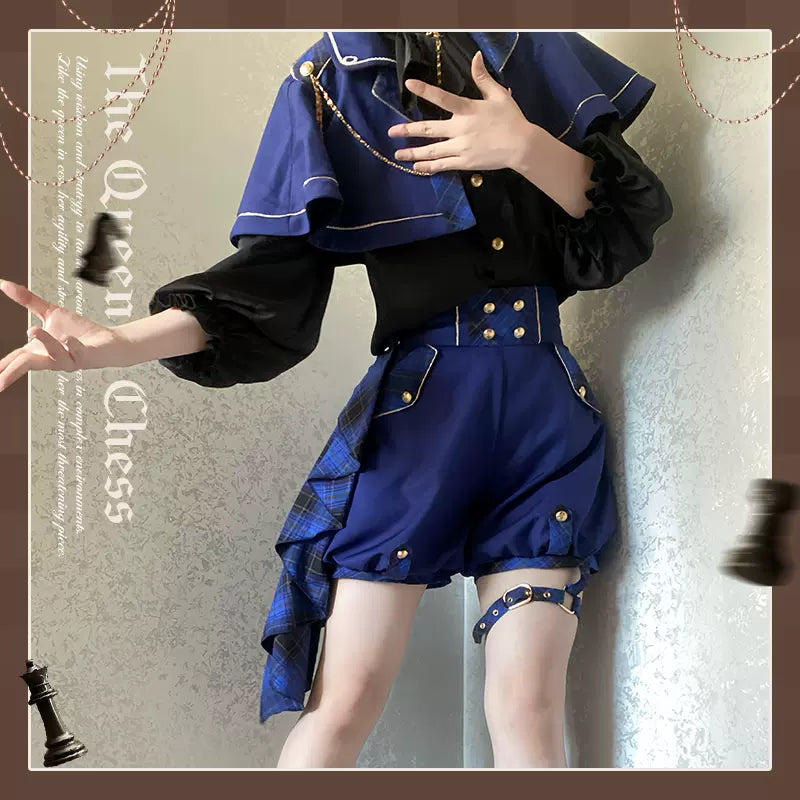 (BFM)Forest Fluorescent Carps~Queen's Chess~Ouji Lolita Prince Outfit Lolita Cape Shirt Shorts Set S Blue Ouji Set 