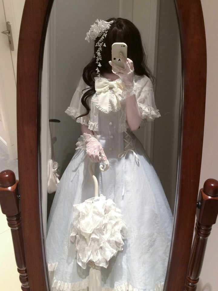 Kuma~Little Wind Chime~Elegant Lolita OP Water Blue Dress With Decorative Tulle Cape