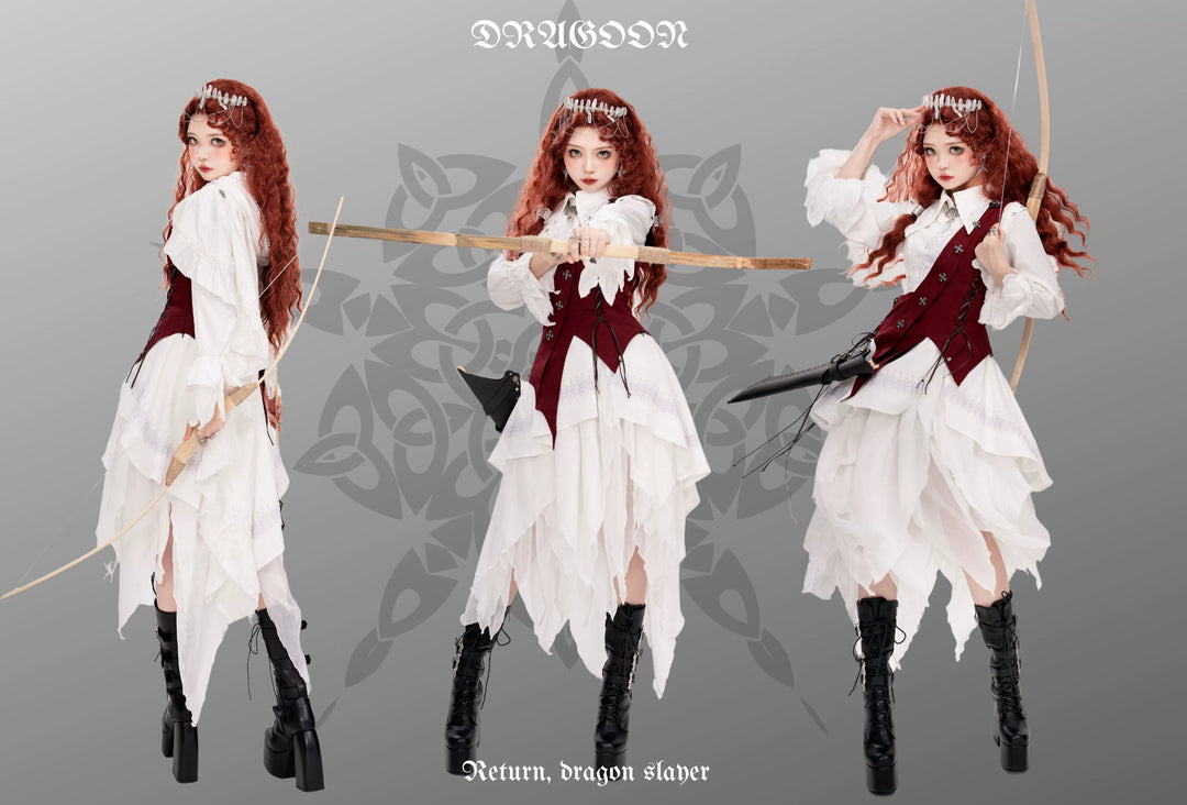 Wuyuzhe~Dragon Knight 2.0 Version~Western Fantasy Style Suit Gothic Shirt Vest Skirt free size white red FS(white shirt+red vest+white skirt+white cape) 