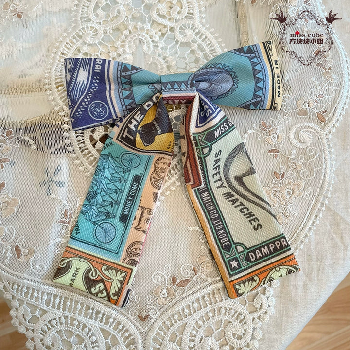 Miss Cube - Antique Label - Retro Lolita KC Straw Hat Bow Tie Blue Bow Tie