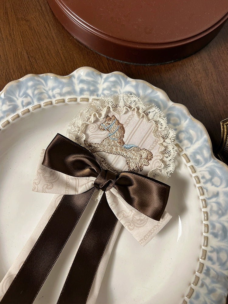Alice Girl - Sea Salt Fairytale - Sweet Lolita Accessory Embroidered Pony Lolita Badge (Brown) Double-layered Bow Badge Only