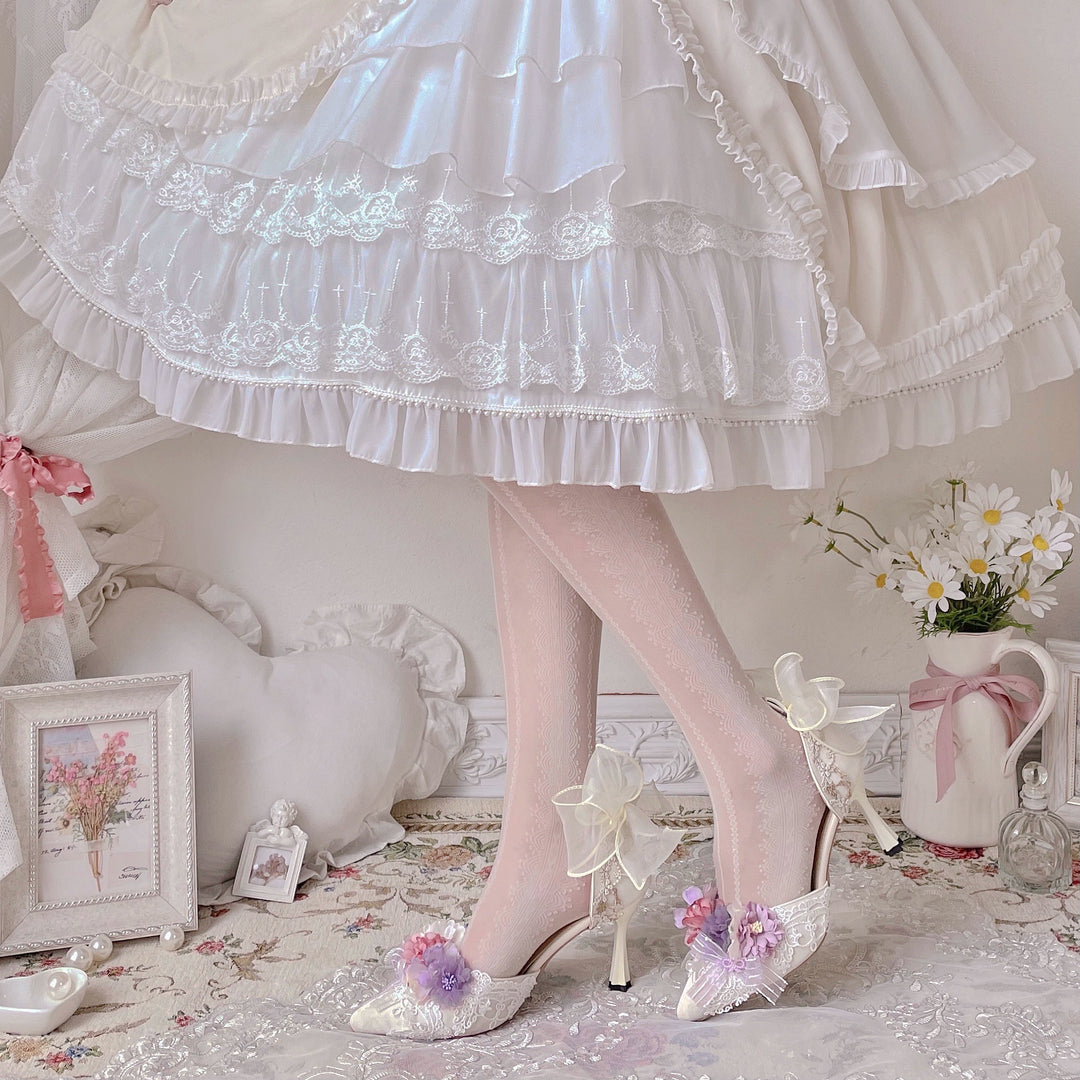 Sky Rabbit~Hanami Season~Wedding Lolita Heel Shoes with Floral Decoration