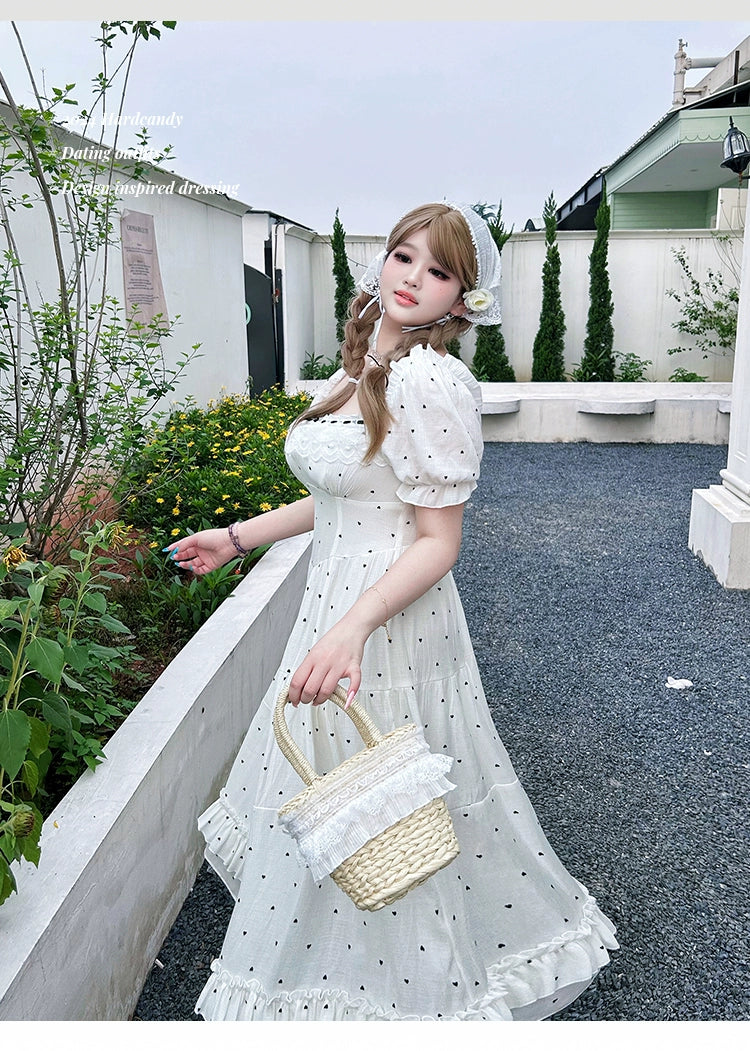 Yingtang~Plus Size Lolita Dress Polka Dot White Black Short Sleeve OP   