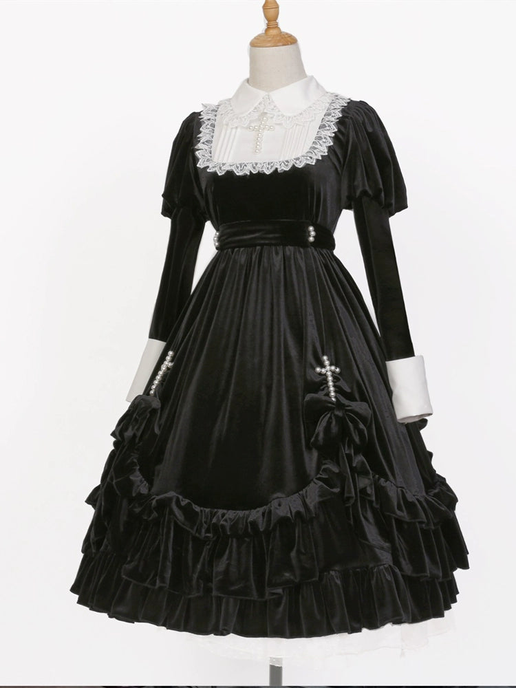Your Princess - Gothic Lolita Velvet Maid OP Dress, Pearl Cross Accents (L M S) 44047:794489