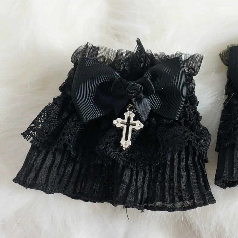 MaoJiang Handmade~Gothic Lolita Cuffs Black Rose Lace Cross Stretch Handcuff   