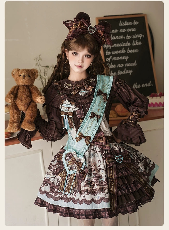 Alice Girl - Bear Chocolate Bar - Kawaii Lolita Blouse, Long Sleeve