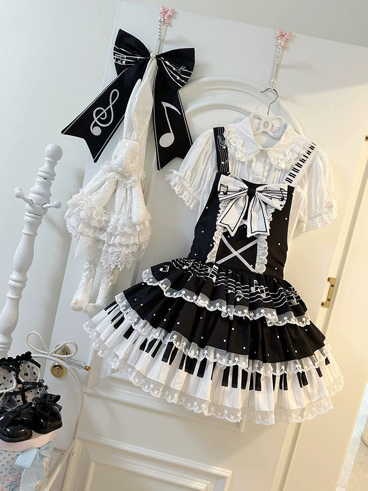 Old School Lolita Cake Saopette Dress, Piano and Music Motes Black + Front-chest Bow + Trailing S
