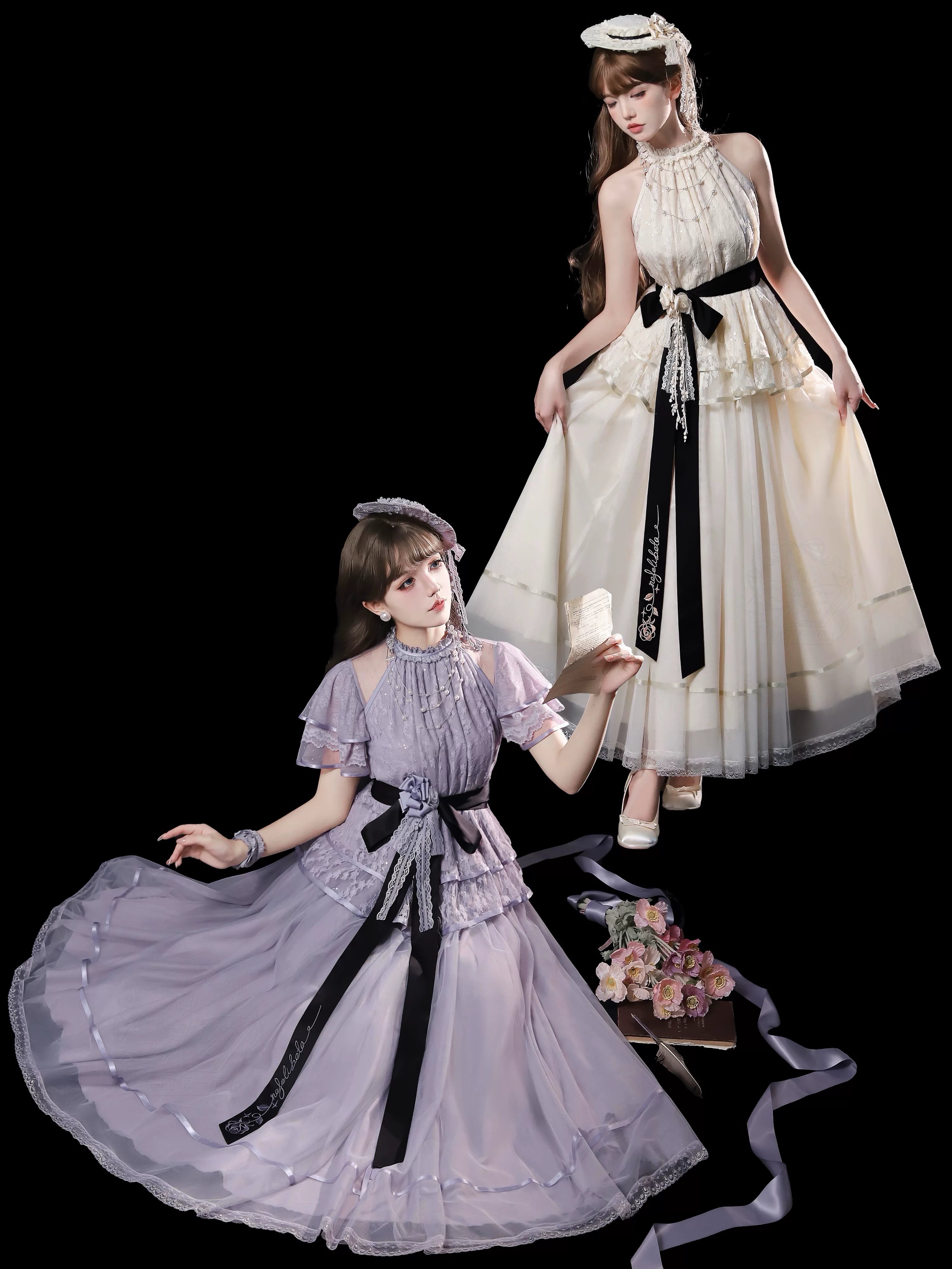 Moonlight Ode - Classic Lolita Lace Halter-neck Blouse & Tulle Skirt Set