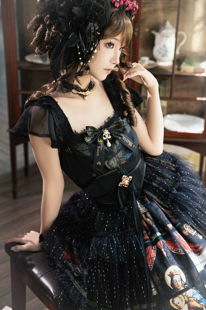 GOTHIC LOLITA~Rosary in the illusional library~Gothic Lolita Print JSK Dress