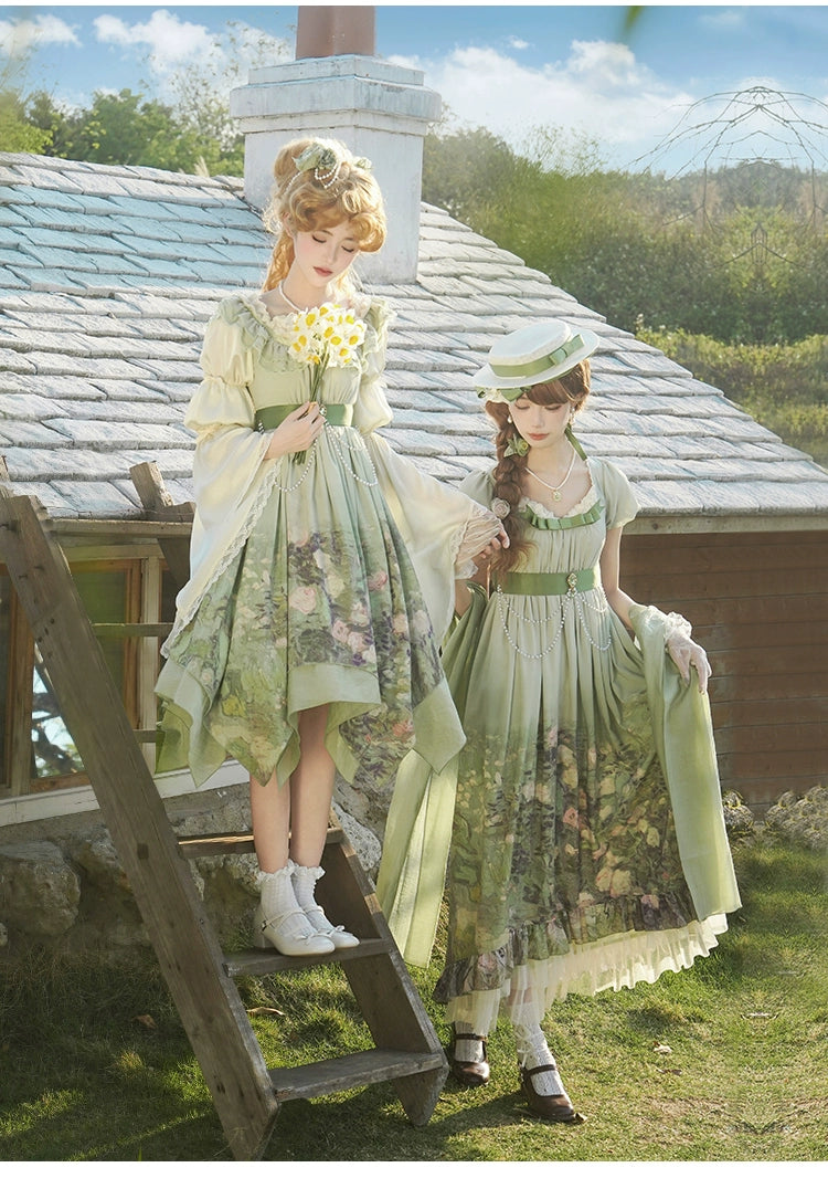 With PUJI~Blooming Rose~Chiffon Classic Lolita Dress Set Painting Styled OP & JSK