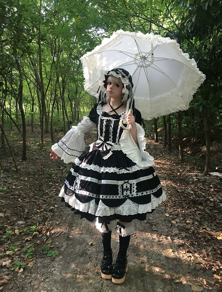 AerialCat~Cream Petal~Old School Lolita OP Dress Cotton Lolita Dress Black and White - OP S 