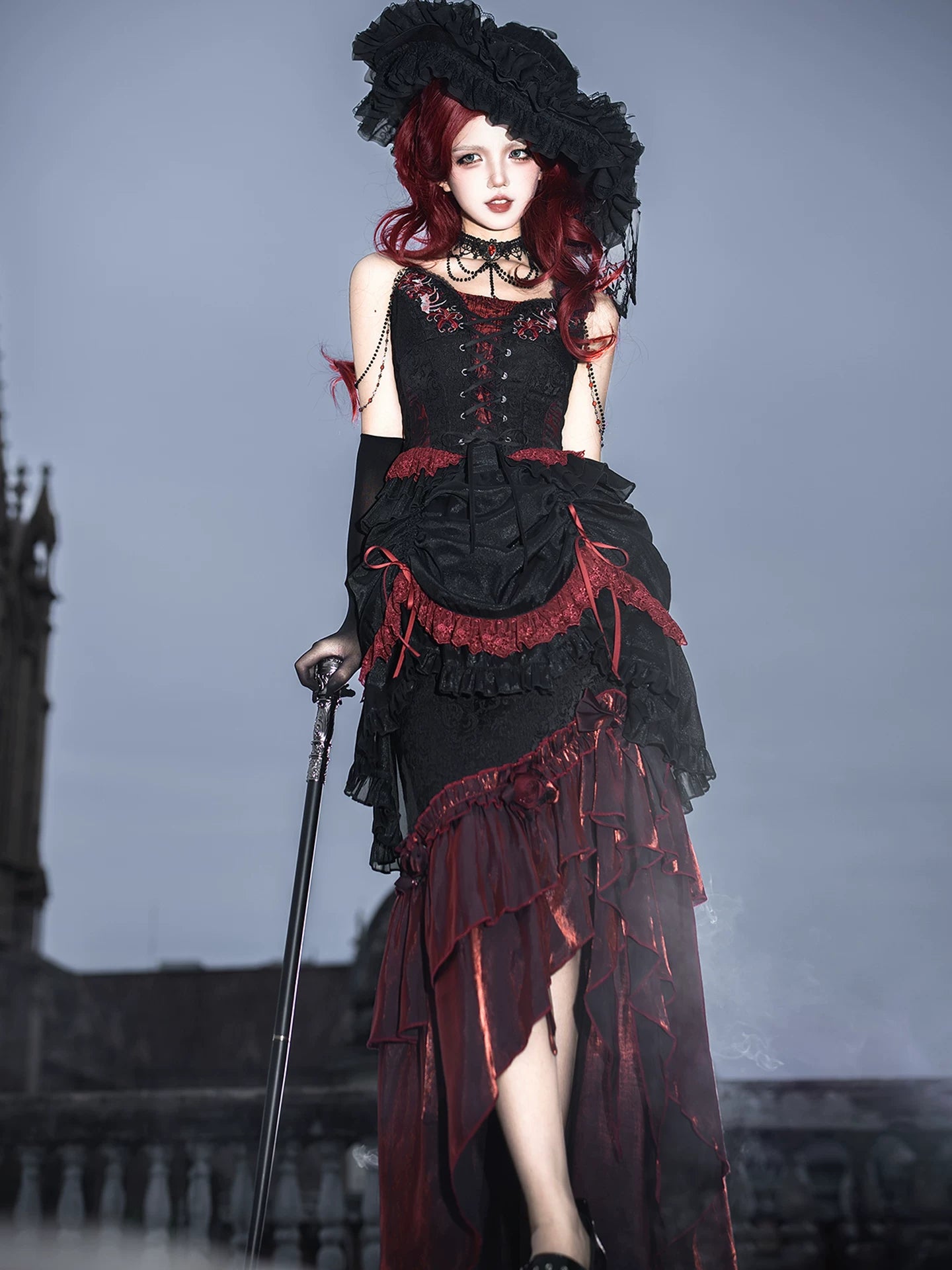 Bone Rot Bloom - Gothic Lolita Embroidered Camisole & Drawstring Lift-up Hem Skirt 45593:854851