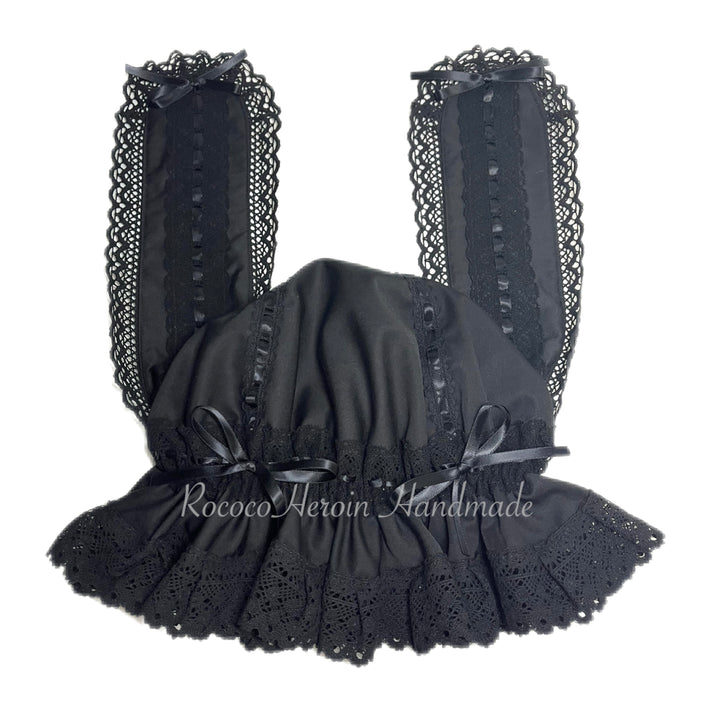 (Buyforme)RococoHeroin~Handmade Lolita Bunny Hat Multiple Colors In stock black x black 