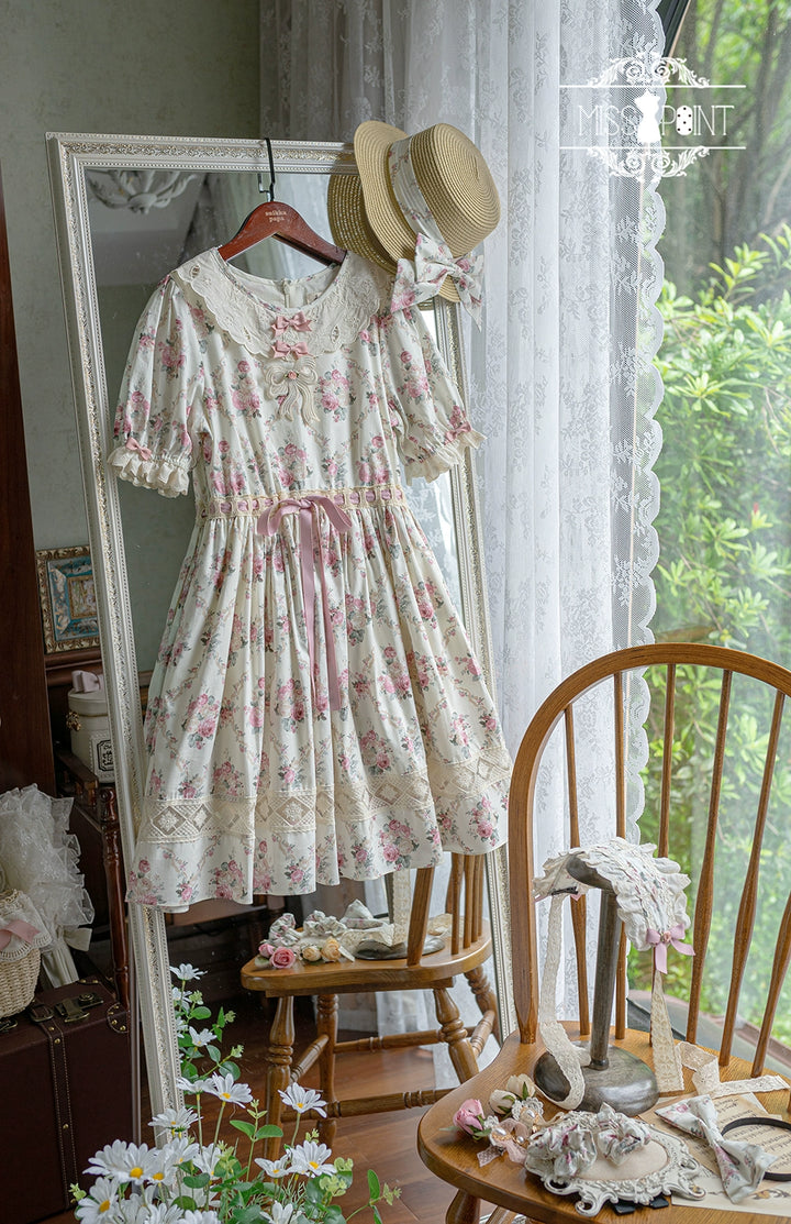 Miss Point~Customized Elegant Lolita OP Dress Cute Daily Girl Short Lolita Dress XS Ivory flower wall - short style 