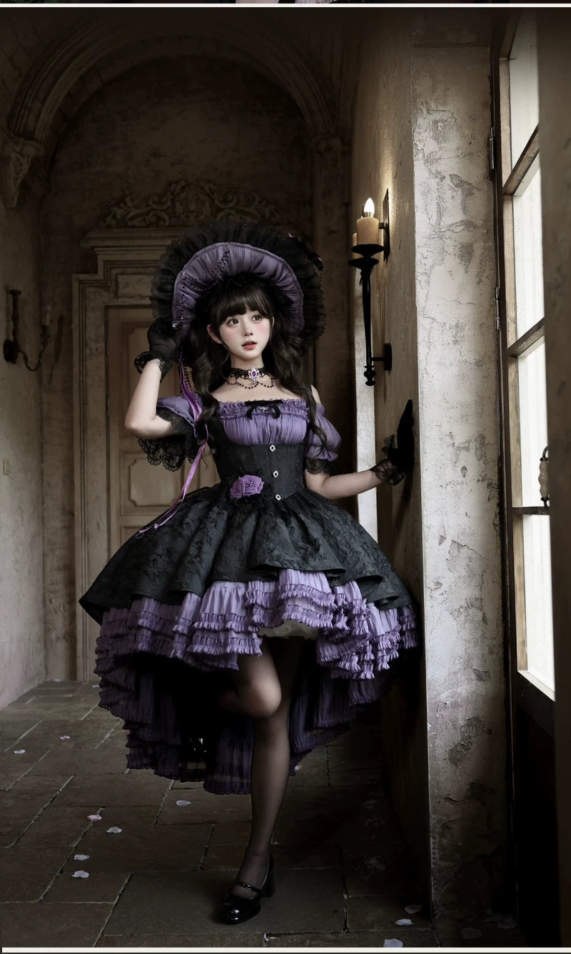Rose Banquet - Gothic Lolita Boned Bust-supporting JSK Dress, High-low Hem 45815:863570