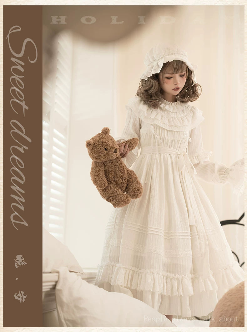 White Goodnight - Doll-like White Long Lolita OP with Ruffles 45535:852372