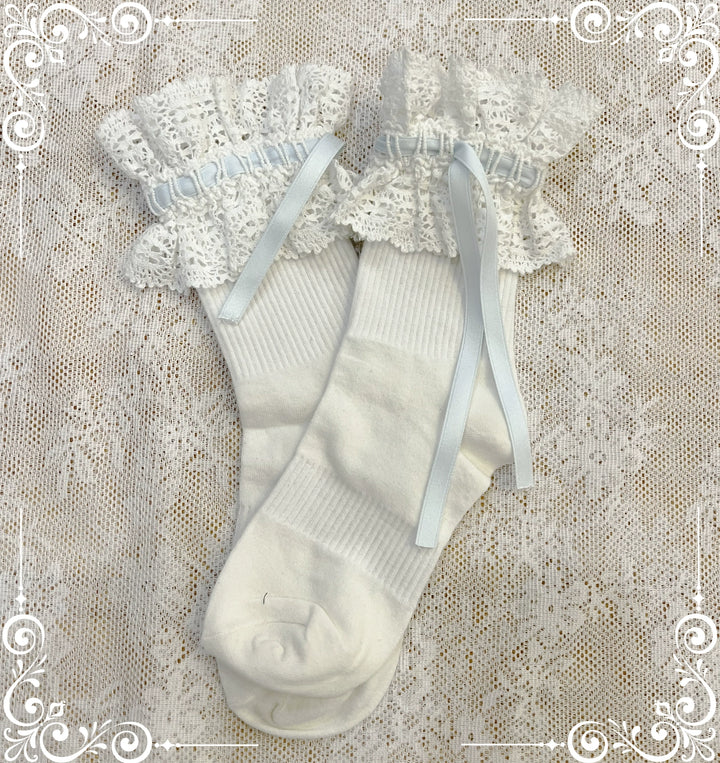 (BFM)Little Bear~Laura's Doll~Sweet Lolita Socks Cotton Short Socks Mid-calf Socks Blue ribbed short socks  