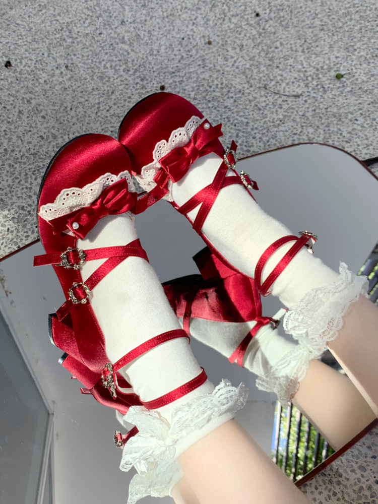 Anne's Script - Red Sweet Lolita Mary Jane Shoes, Bow & Round Toe Wine Red / Back Heel Height 2.0" (5 cm) 34