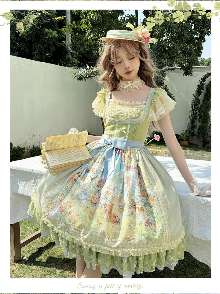 Strawberry Fantasia~Spring Bloom~Country Lolita JSK Set with Animal Prints and Overlay