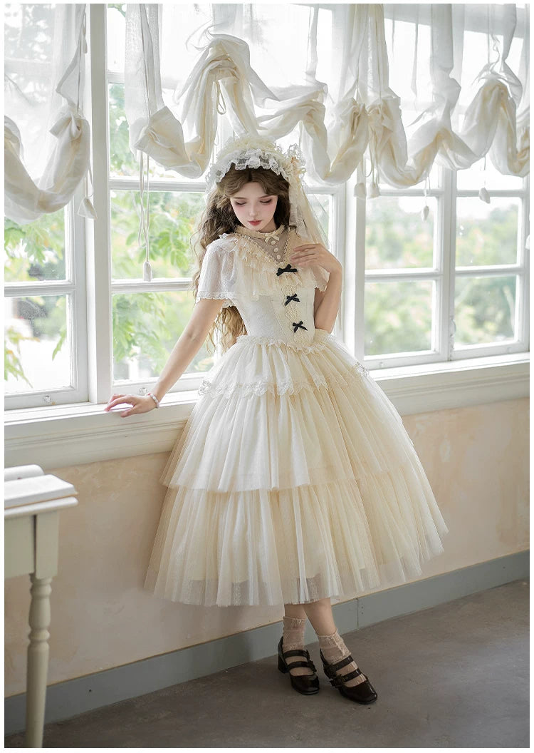 White Mist Promise - Classic Lolita Corset OP Set, Edwardian Collar & Tiered Hem 45173:838323