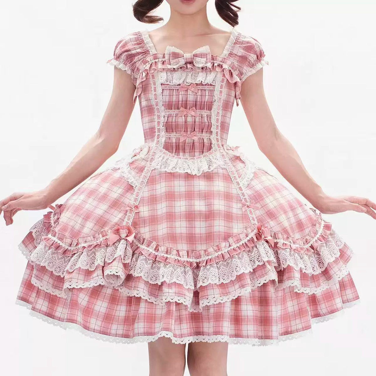 Plaid Lace Bunny - Old School Lolita Plaid OP Dress, Lace Trim (L M S XL XS / Pre-order) 45992:871312