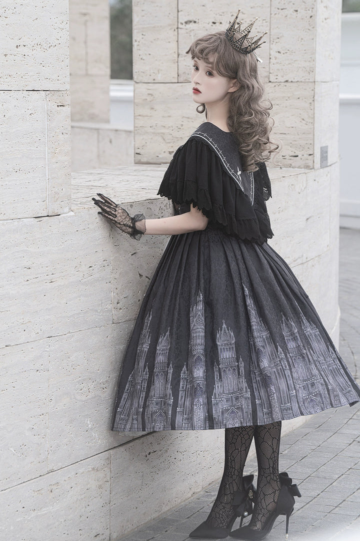 Cornfield Lolita~Silent Church~Gothic Lolita JSK Front Open Printed Dress and Thin Cardigan Set   