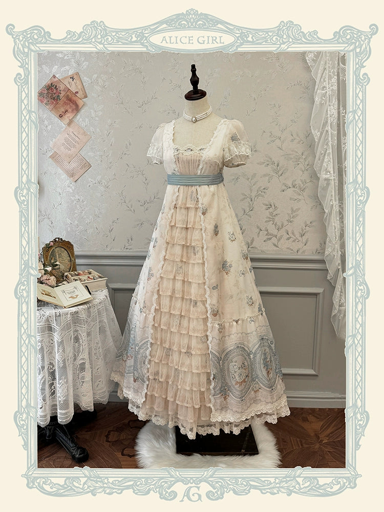 Alice girl~Night Rose~Retro Lolita Dress Floral Print Short Sleeve OP Dress white and blue (long style) XS 