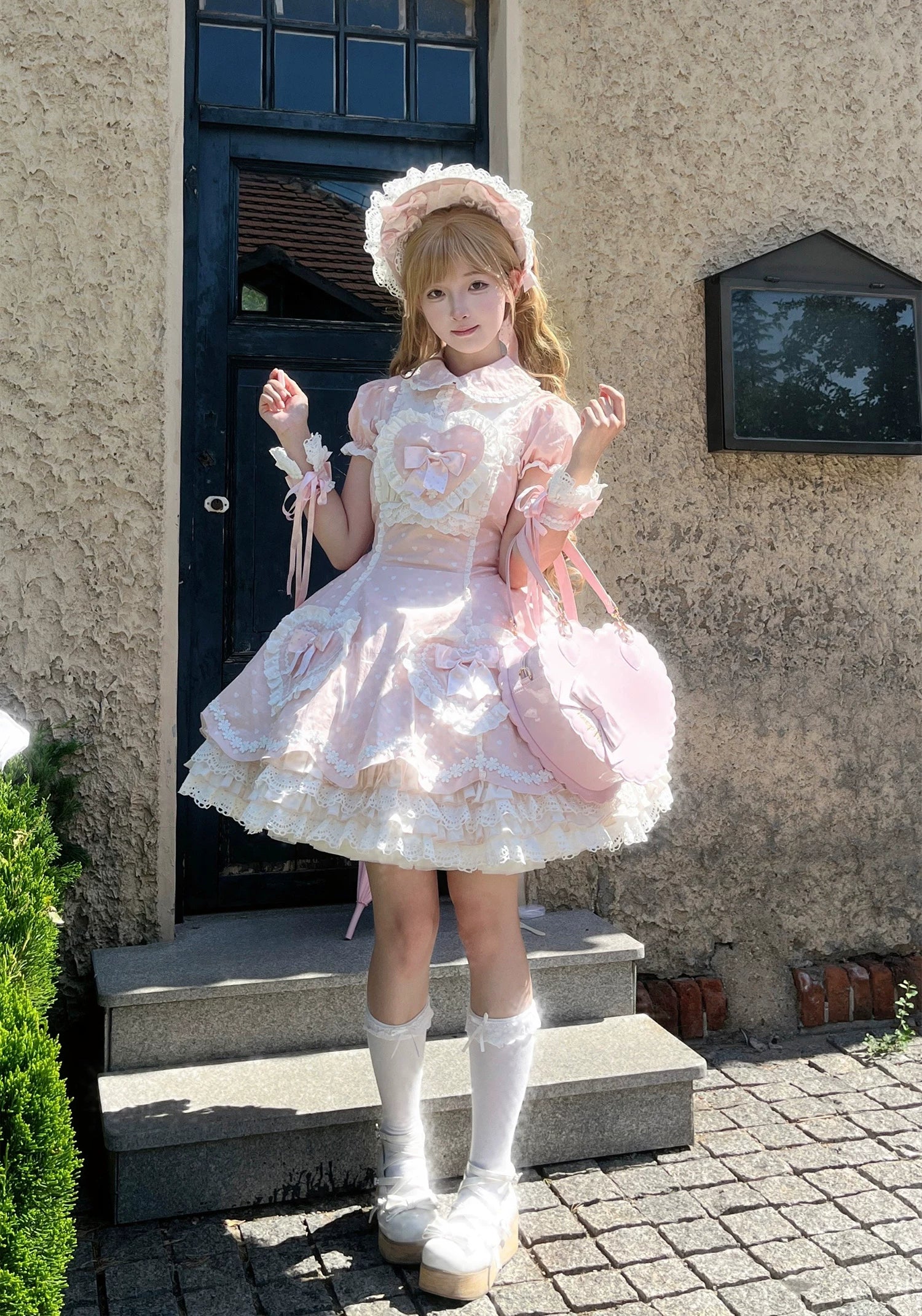 Maiden's Heart Knot - Cotton Old School Lolita Dress, Heart Polka Dot