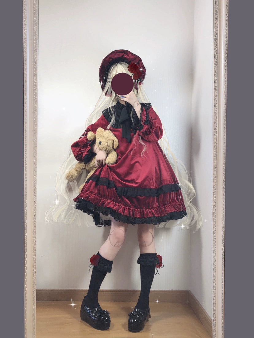 (BFM)Sanhua Cat~Annie~Gothic Lolita Dress Kawaii Lolita Long Sleeve Dress S Wine red full set 