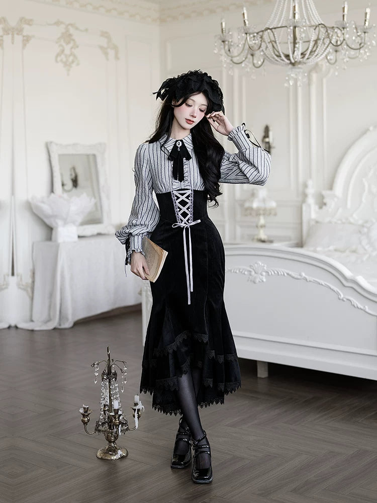Dusk Moment - Classic Lolita Striped OP & Mermaid Dress Set, Fishbone Waist 44498:810673