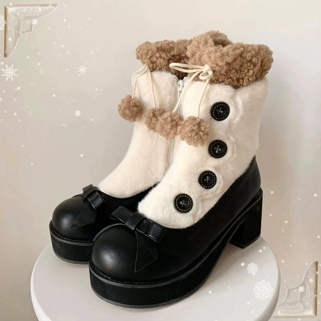 Dolly Doll~Winter Lolita Boots Fur Mary Jane Lolita Low Heel Shoes   