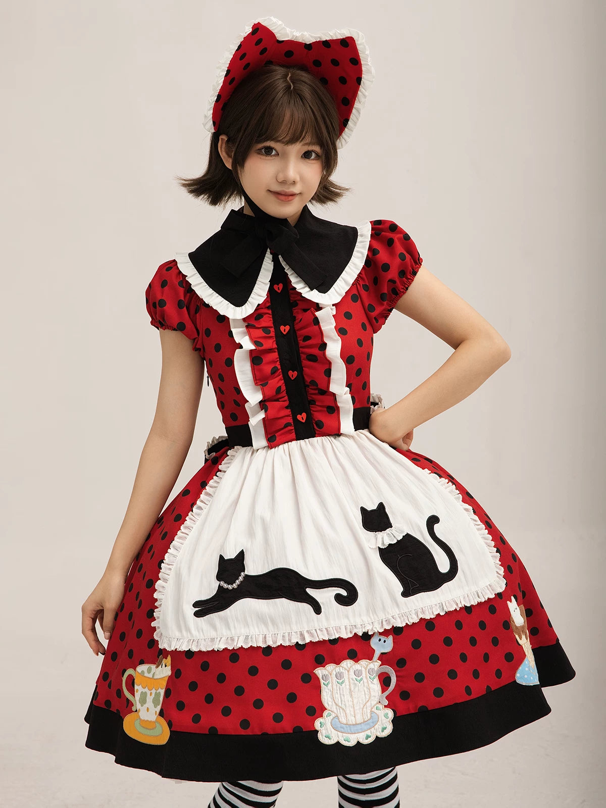 Teacup Meow - Old School Lolita Polka Dot OP Dress, Cat and Teacup Patch 45490:852662